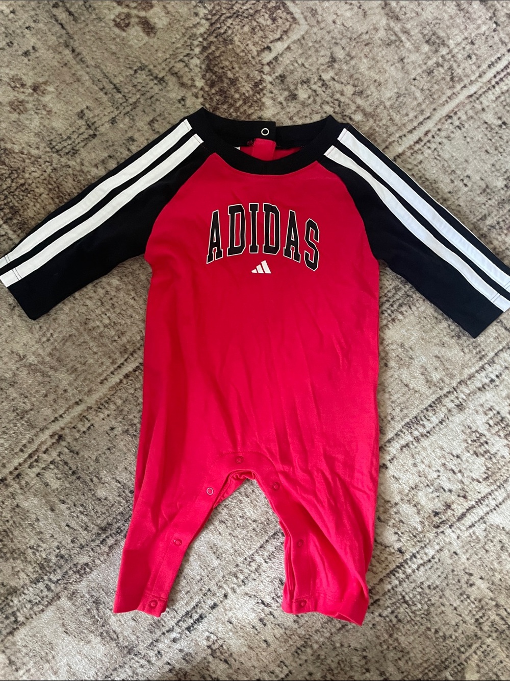 adidas Red and Black Baby One-Piece Footie with Stripes 6 months
